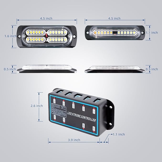 8pcs Sync Feature Emergency Strobe Grille Lights LED Ultra Slim Surface Mount Flashing Hazard Warning Light Bar with Controller for Firefighter/Construction/Trucks/Vehicles/Car (Blue/White)
