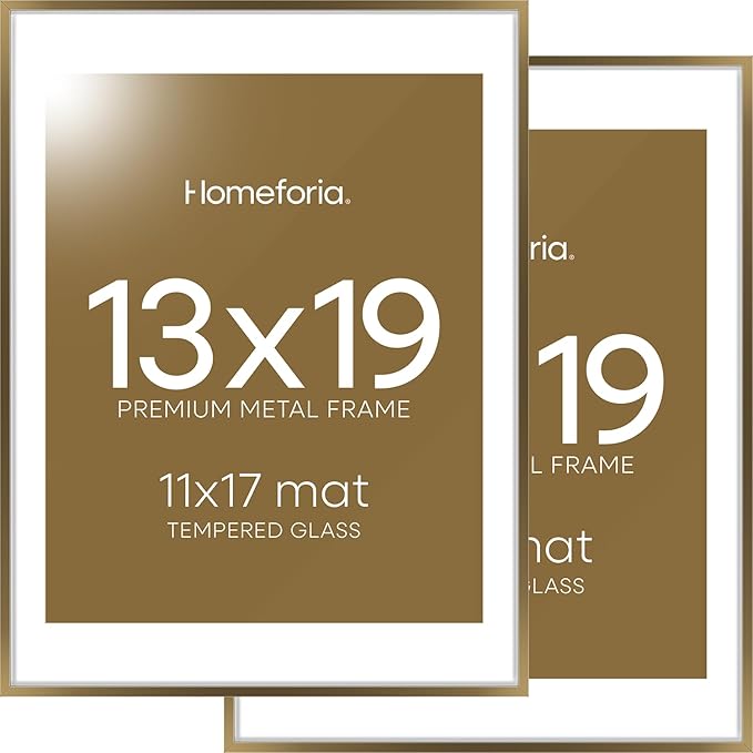 Homeforia 13x19 Picture Frame Bronze, High End Metal 13x19 Brass Poster Frames with Mat 11x17 for Photo, 13 x 19 Frame Matted to 11 by 17 Print, 19x13 Hanging Frame, Tempered Glass, Wall Kit, Set of 2