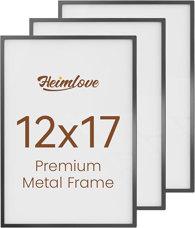 Heimlove 12x17 Metal Picture Frame,Black Aluminum Photo Frames-Real Tempered Glass,Wall Gallery Poster Puzzles Artwork frame Mounting Horizontally or Vertically Decor for Wall-3 Pack