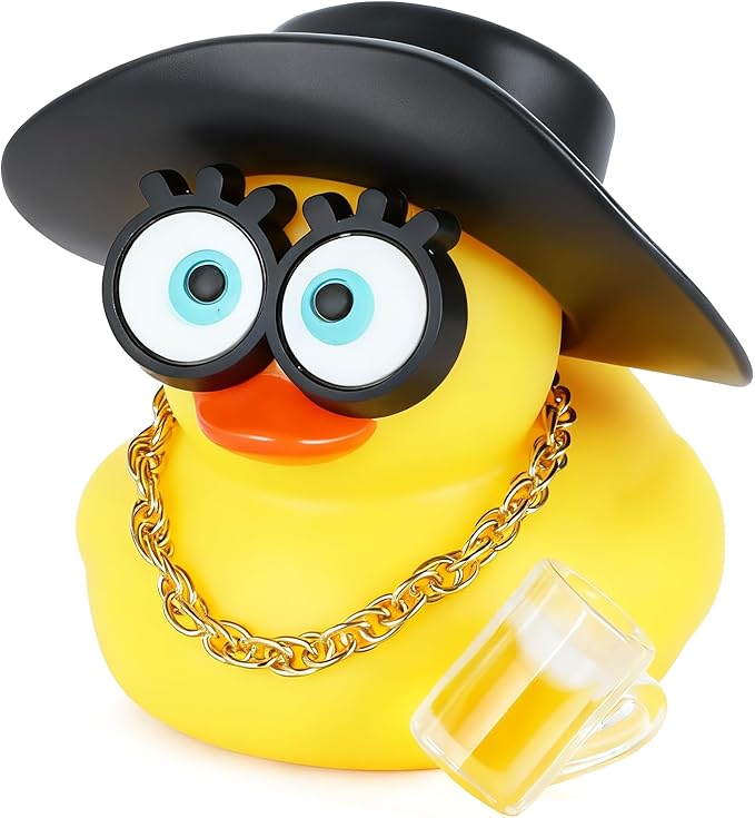 BOZILY Cowboy Rubber Duck Car Decor with Detachable Accessories (Hat, Golden Chain, Beer Mug) - Funny Dashboard Ducky Ornament for Car Enthusiasts, Office & Truck Decoration