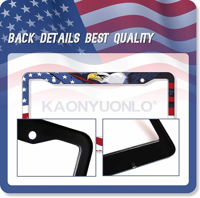 1PCS Eagle & American Flag License Plate Frame Holder - USA Stars and Stripes Auto Universal Aluminum Matte Car Tag Holder Covers with Sticker & Screws for Men