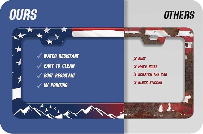 1PCS Red & Blue American Flag Moutains License Plate Frame Holder - USA Stars and Stripes Auto Universal Aluminum Matte Car Tag Holder Covers with Sticker & Screws for Men