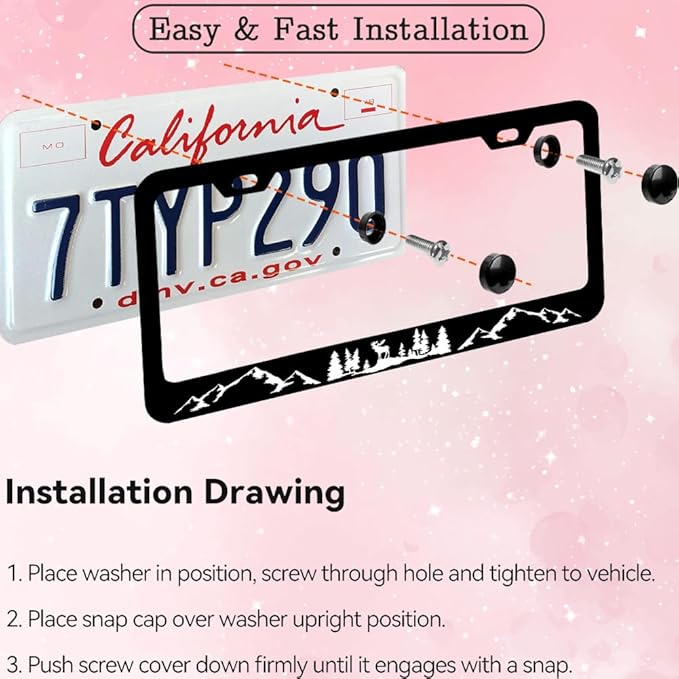 2pcs Moose Forest Mountains License Plate Frame for Women,Mountain Landscape car Decorative tag Frames Girly, Natural Forest License Plate Cover Holder for Vehicle with Double Sided car Keychain tag