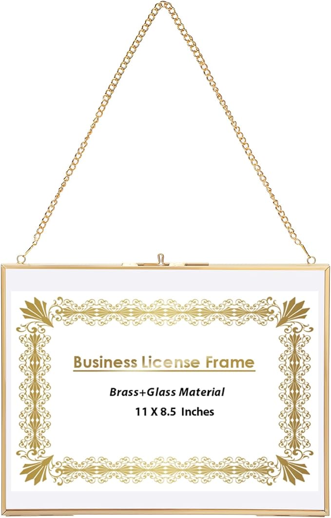 JUXYES 2 Pack Wall Hanging Business License Frame Brass Certificate Display Frames, Double Glass Floating Diploma Frames, Wall Golden Graduation Frame for 8.5x11 Inches Certificate Business Licenses