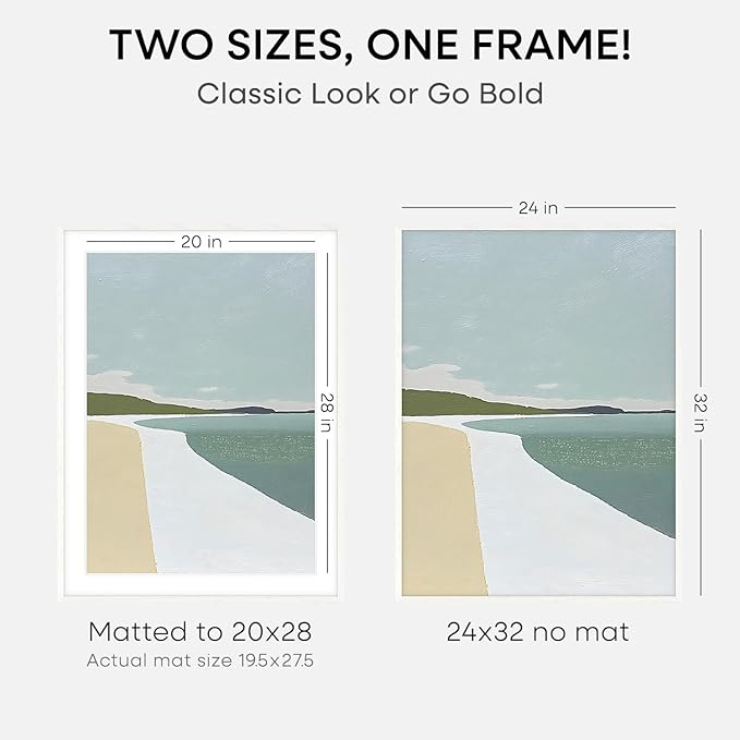 Homeforia 24x32 Picture Frame, White Wood, High End Oak, Matted to 20x28, Tempered Glass, Wall Hook Included, Set of 1