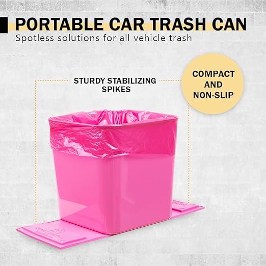 Car Trash Can ??Leakproof 1.4 Gallon Compact Garbage Bin with Stability Flap & Anti-Slip Base | Portable Trash Holder for Cars, Trucks, SUVs, Minivans ??Includes Trash Bags (Pink, Large)