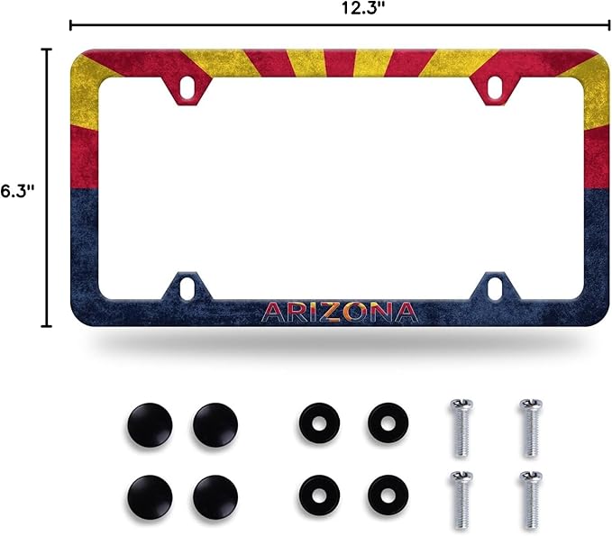 Arizona State Flag License Plate Frame License Plate Stainless Steel Auto Parts Colorful License Plate Decorative with Screws Size 12.3" x 6.3" for Men Women