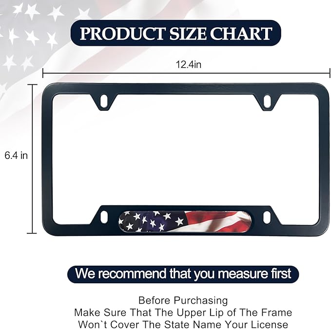 American Flag License Plate Frames - 2 Pack Patriotic Aluminum Metal Flying US Flag Car Tag Plate Frame Holder Covers with 4 Fluttering Flag Car Valve Caps and Screws