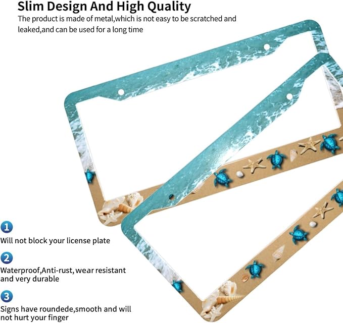 Sea Turtle License Plate Frame,Sea Turtle License Plate Frame for Women, Decorative Car Tag Frames Car Accessories Aluminum Metal Holder Cover 2 Holes 2 PCS Set for Women