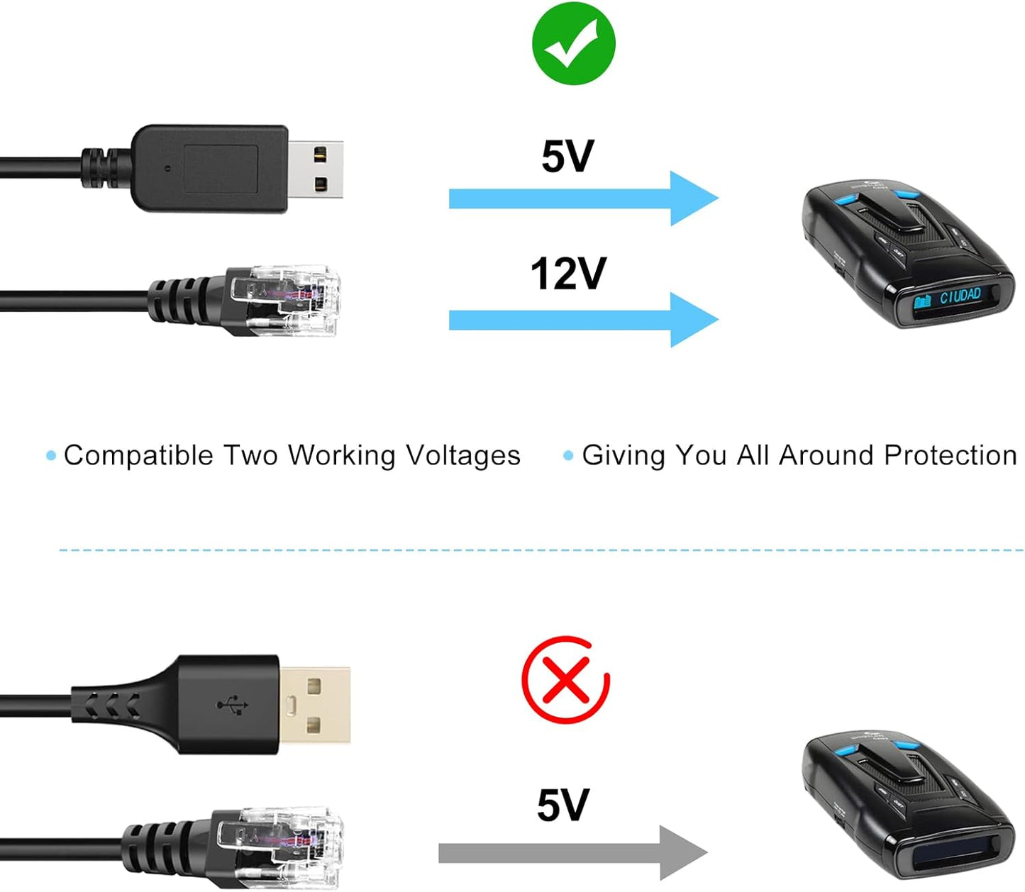 Radar Detector Cord, USB to RJ11 Cable,RJ11 Plug Power Cable,for Escort Uniden Radenso XP Beltronics Cobra Whistler Radar Detector,Replacement Power Cable for Radar Detectors (RJ11-6.56ft)