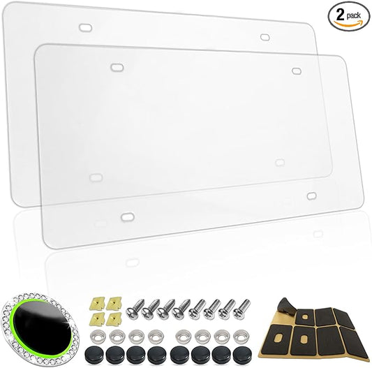 Clear License Plate Covers- 2 Pack Flat Car Plate Protector, Road Legal Unbreakable Acrylic Protective Shield with Screws Caps for Front Rear Car Tags