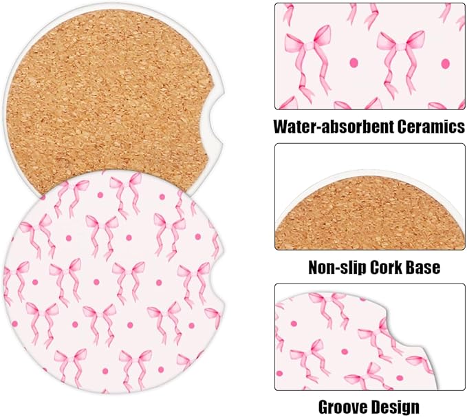 Cup Holder Coaster for Car, 2 Pack Car Coasters for Cup Holders, Cork Base Car Cup Coasters for Drinks, Universal Aesthetic Car Accessories for Women Men, Table Coaster Home Decor (Pink Bow Ribbon)