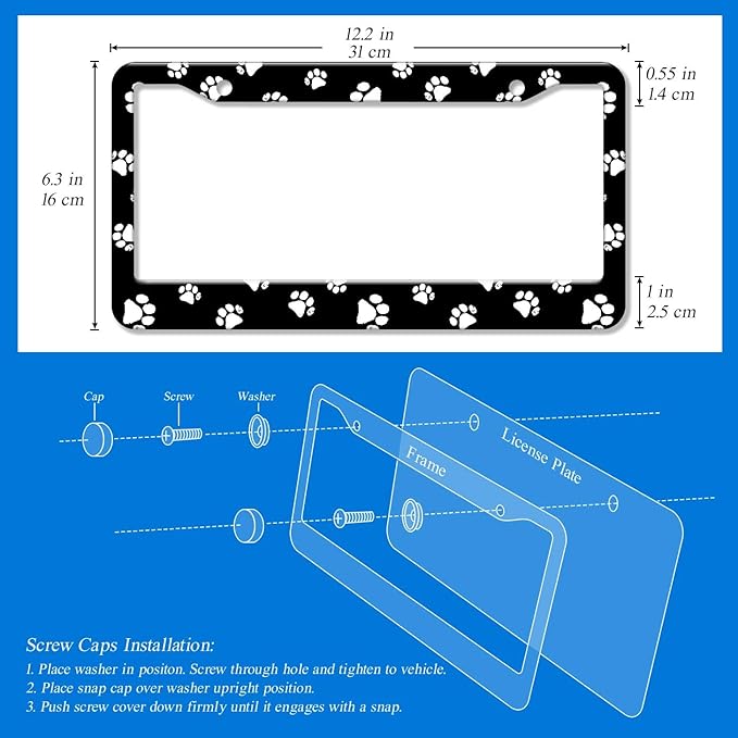 2PCS Black White Dog Paw Pattern License Plate Frames for Men Women - Universal Aluminum Stainless Steel Personalized Car Tag Covers Holder with Screws, Caps, Rattle Proof Pads and Handlebar Stickers