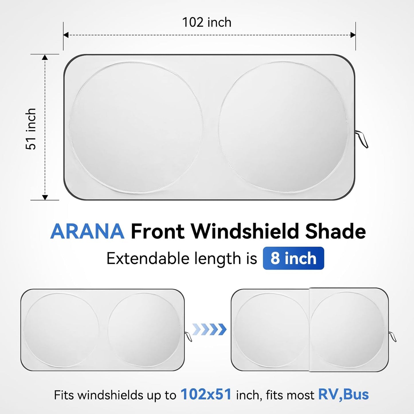 ARANA RV Windshield Sun Shade with UV Protection, Foldable Sunshade for RV Front Window, Retractable Windshield Cover Sun Shades Keep Car Interior Cool, Fit RV, Bus,Motorhome, Large 102"x51"