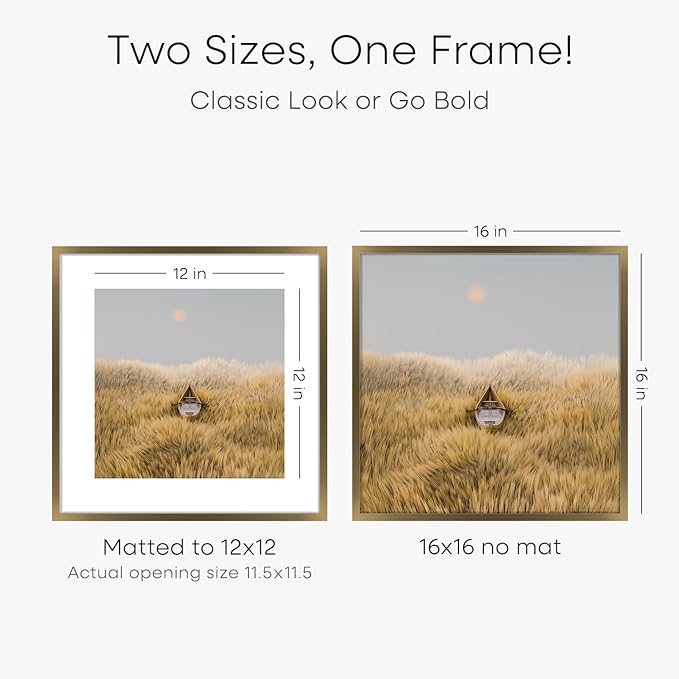Homeforia 16x16 Picture Bronze Frames, High End Metal 16 x 16 Square Poster Frame with Mat 12 x 12 Photo, 16x16 Brass Frame Matted to 12x12 Print, 16by16 Thin Frames, Tempered Glass, Wall Kit, Set of 4