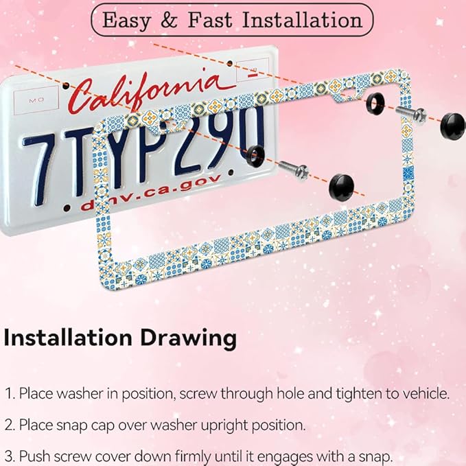 2pcs Vintage European Mediterranean Style Blue and White License Plate Frame for Women, Spanish Style car Decorative tag Frames Girly,Italian Mediterranean License Plate Cover Holder for Vehicle