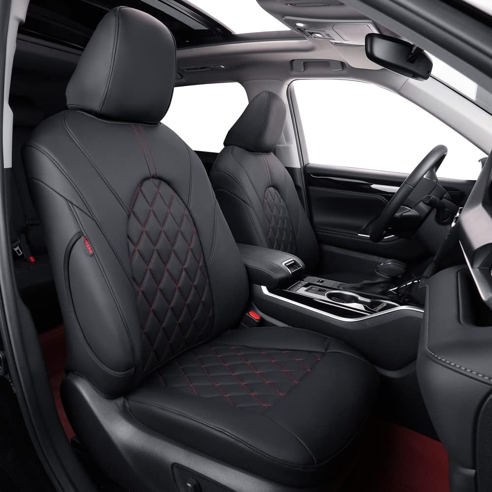 coverdream Camry Seat Covers Custom Fit for 2012-2017 Toyota Camry L, LE,XLE,Full Coverage Waterproof Leatherette Car Seat Protector (Full Set,Black/Red)