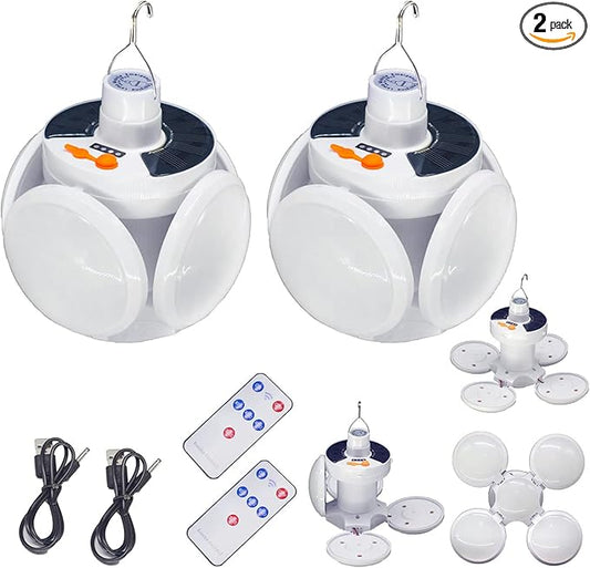 Folding Solar Camping Tent Light Outdoor Waterproof Portable Hanging Lantern Remote Control USB 4000mah Battery Rechargeable Foldable for Home Indoor Emergency Power Outage 2 Pack