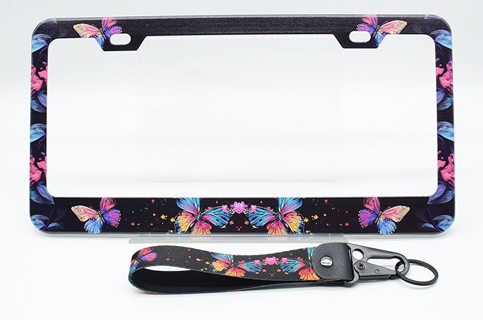 2-Pack Colorful Butterfly License Plate Frames, 2 Holes Butterflies Floral License Plate Holder for Women Man,Pink Flower License Plate Cover fits US Vehicles with Keychain Wrist Lanyard