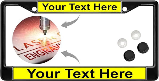 Custom Personalized Black Powder-Coated Metal Laser Engraved Standard Size - Car/Automobile License Plate Frame with Free caps - Yellow/Black Text (Qty: 1 Frame)