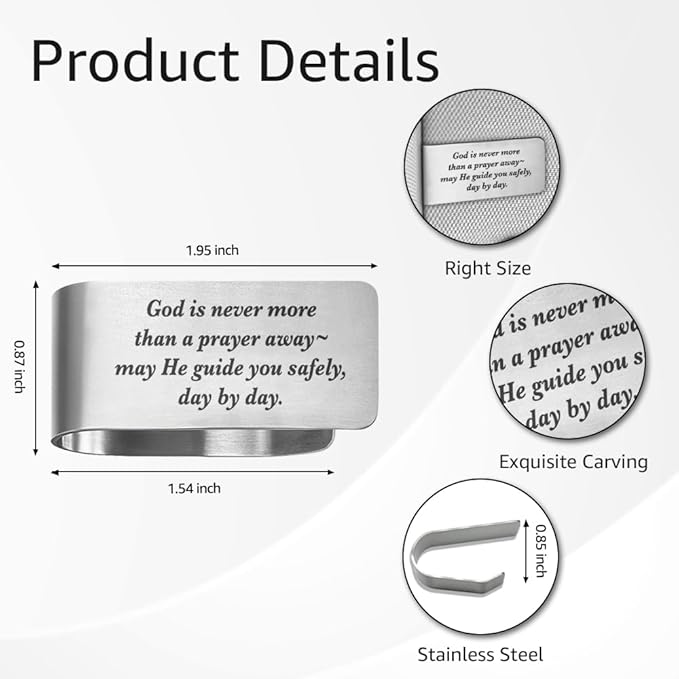 God is Never More Than A Prayer Away Engraved Stainless Steel Car Visor Clip, Travels Visor Car Accessories, Guardian Angel Safe Driving Gifts for Family Friend Driver, New Driver Gifts