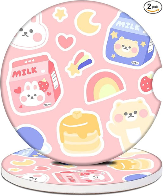 Car Cup Holder Coaster - Milk Strawberry Rabbit Absorbent Ceramic Coaster 2 Pack, Car Coasters for Cup Holders, Fashion Car Interior Accessories Drink Coaster for Women & Men