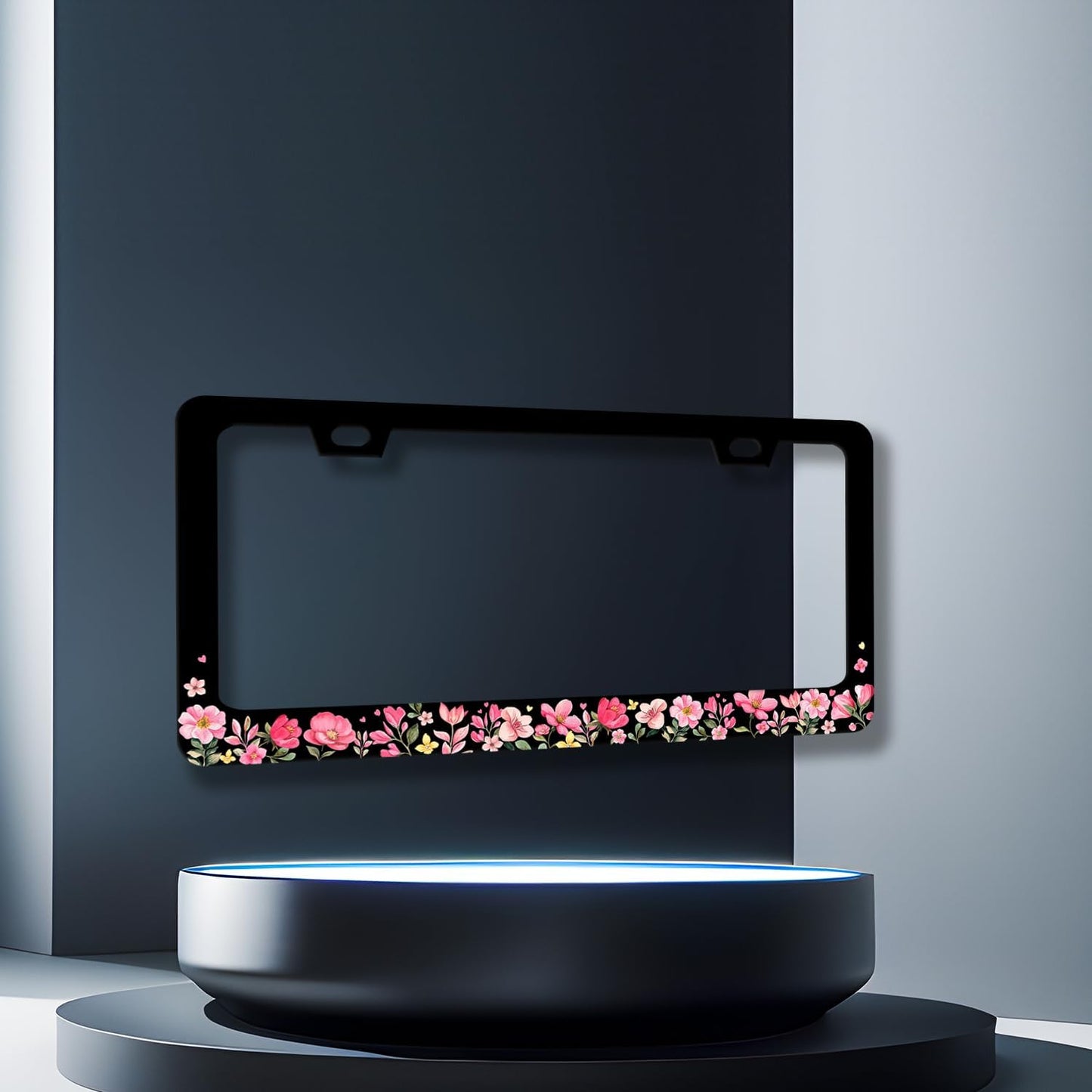 Pink Flowers License Plate Frame Colorful Floral Flower License Plate Stainless Steel Women Accessories Cars Decor 12.2 X 6.2 Inch with 2 Holes and Screws Fits Standard Us Ca Vehicles