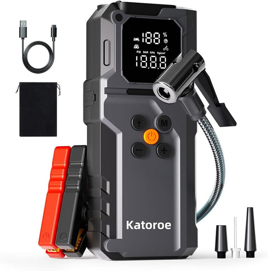 Jump Starter with Air Compressor, 4000A Jump Starter Battery Pack with 150PSI Tire Inflator, Portable Air Compressor, 12V Jump Starter for 9.0L Gas 7.0L Diesel Engines, Jumper Cables, Flashlight
