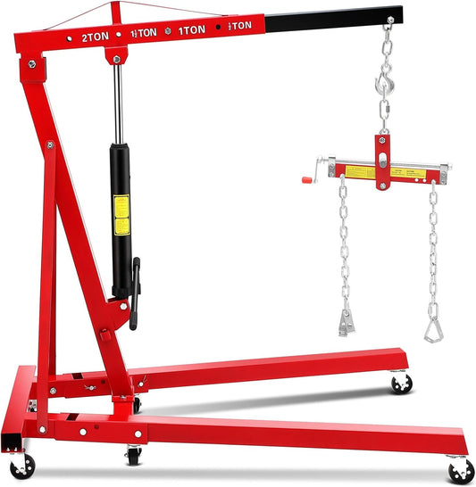 2 Ton Hydraulic Engine Hoist with Lever Stabilizer, Cherry Picker Engine Hoist, 4400LBS Heavy Duty Garage Crane with 6 Swivel Casters & Adjustable Telescopic Boom, for Auto Repair & Workshop (Red)