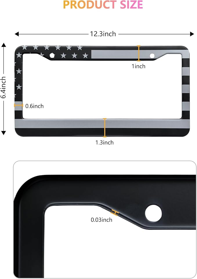 American Flag License Plate Frames - 2 Pack Black Stainless Steel Patriotic USA Car Tag Frame with UV-Printed Flag & 3D Metal Decals