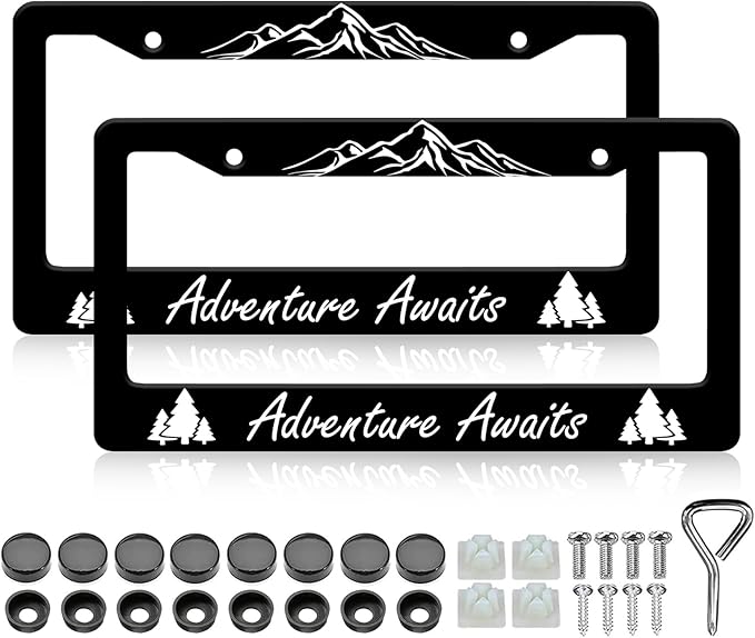 Adventure Awaits License Plate Frame - 2 PCS Mountain Tree Aluminum Metal License Plate Frames Holder, Rust-Proof Waterproof Car Decorative Tag Frames with Screws Fasteners Caps