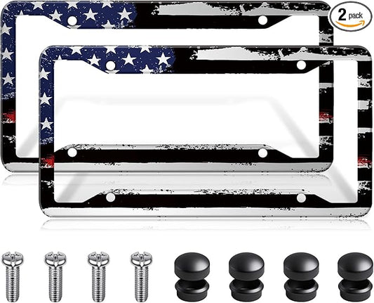 American Flag License Plate Frames Holder,Aluminum Novelty Decorative License Plate Protector with Screws for Men/Women,Car Decoration Accessories,2pcs-Blue Black American Flag