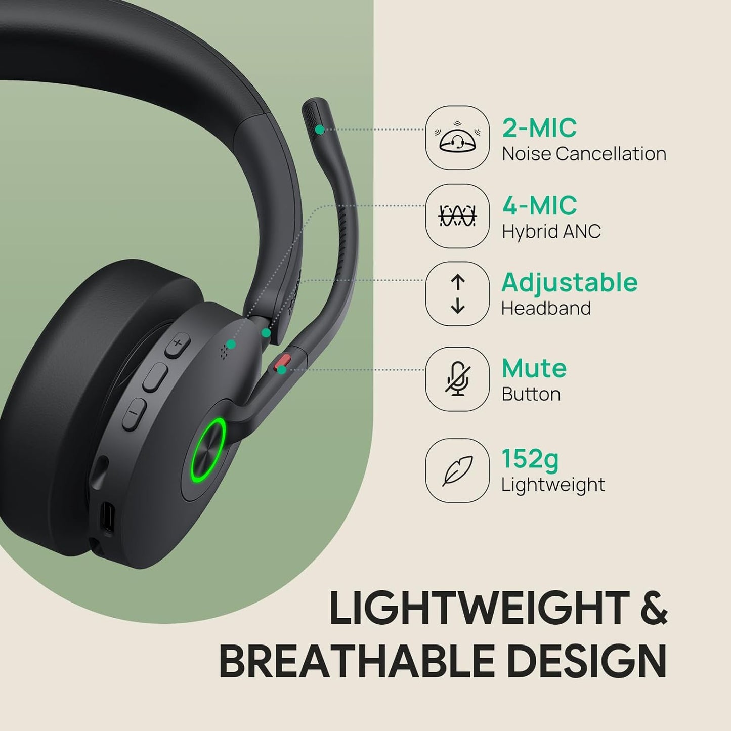 Yealink BH74 with Stand ANC Wireless Bluetooth Headset with Mic for Work, 6-mics Hybrid ANC Tech, Microsoft Teams Premium Open Ofﬁce Certified Headsets, up to 32h Talking Battery Life, Zoom Certified