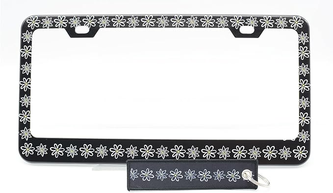 2pcs Black and White Daisy License Plate Frame for Women, Daisies Floral car Decorative tag Frames Girly, Flower License Plate Cover Holder for Vehicle with Double Sided car Keychain tag