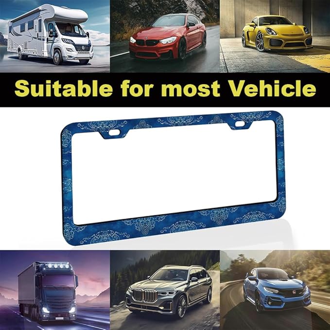 2pcs Blue Texture Japanese Wave License Plate Frame for Women,Traditional Japanese Styles car Decorative tag Frames Girly,Japanese Art License Plate Cover Holder for Vehicle with car Keychain tag