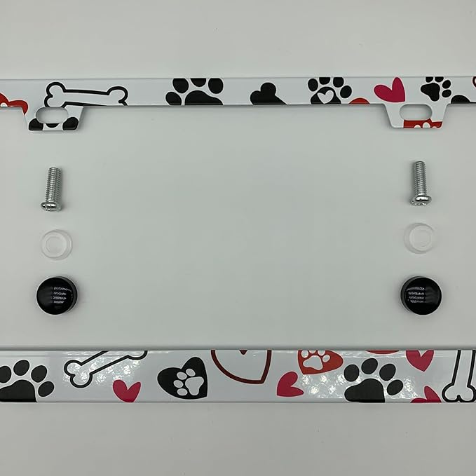 Black Dog Paw Prints Bones and Red Hearts License Plate Frame Cover, Matte White Powder Coated Stainless Steel, Animal Print Auto Car Tag Frame with 2 Holes & Free Screws