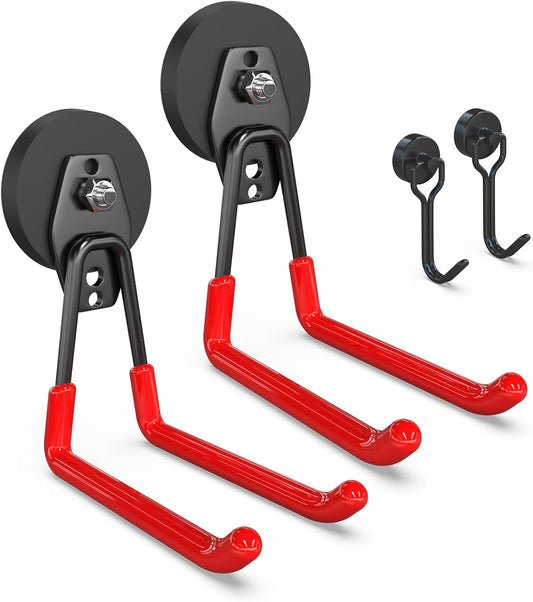 3-H Heavy Duty Magnet Garage Hooks 2 Pack, Extra Large Strong Magnetic Hooks for Hanging Cordless Power Drill, Utility Magnetic Tool Holder for Metal Cabinet, Steel Pegboard, Toolbox, Garage(Red)