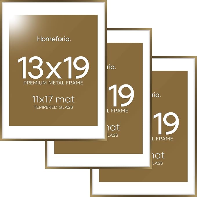 Homeforia 13x19 Picture Frame Bronze, High End Metal 13x19 Brass Poster Frames with Mat 11x17 for Photo, 13 x 19 Frame Matted to 11 by 17 Print, 19x13 Hanging Frame, Tempered Glass, Wall Kit, Set of 3