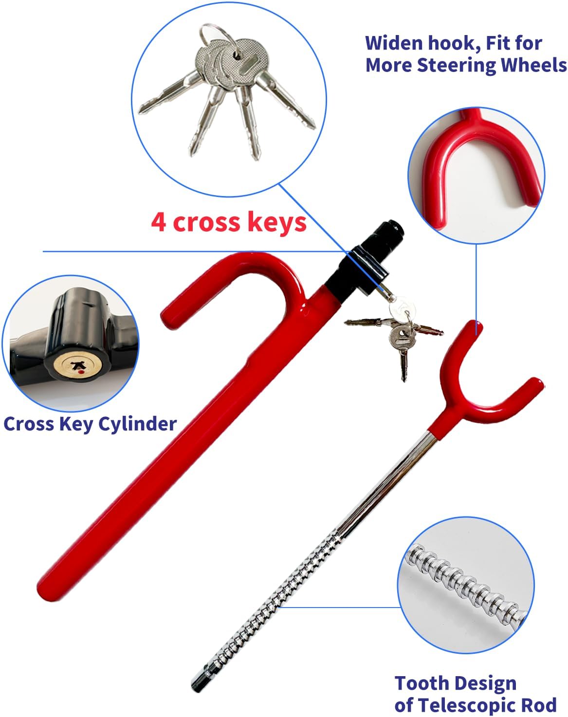Steering Wheel Lock Anti-Theft Car Device Car Wheel Locks Heavy Duty Vehicle Security Steering Wheel Lock for Truck Car Vehicles Van Lorry SUV with 4 Keys, Elongated Length MAX 30.5“ Red