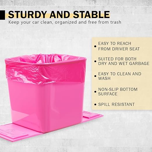 Car Trash Can ??Leakproof 1.4 Gallon Compact Garbage Bin with Stability Flap & Anti-Slip Base | Portable Trash Holder for Cars, Trucks, SUVs, Minivans ??Includes Trash Bags (Pink, Large)