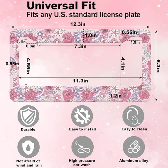 2pcs Hibiscus Rainbow Floral Flower License Plate Frame for Women,Inspirational Pink Florals car Decorative tag Frames Girly,hot Pink Hibiscus Floral Flower License Plate Cover Holder for Vehicle