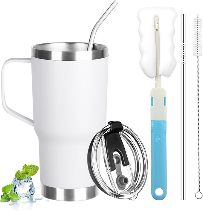 20 oz Tumbler with Handle, Stainless Steel Insulated Tumbler with Lid and Straw, Double Wall Vacuum Insulated Coffee Mug Tumbler, Insulated Coffee Thermal Cup for Cold and Hot (White)