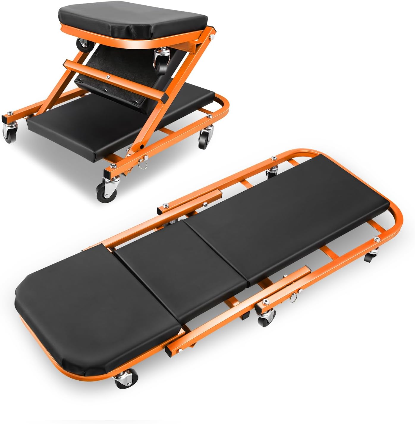DNA MOTORING 40 Inches Folding 2 in 1 Rolling Z Creeper, Adjustable Roller Garage Chair Lay Down or Sit, 6 Pcs 2" Casters, 150kg Weight Capacity, Orange, TOOLS-00187-OG