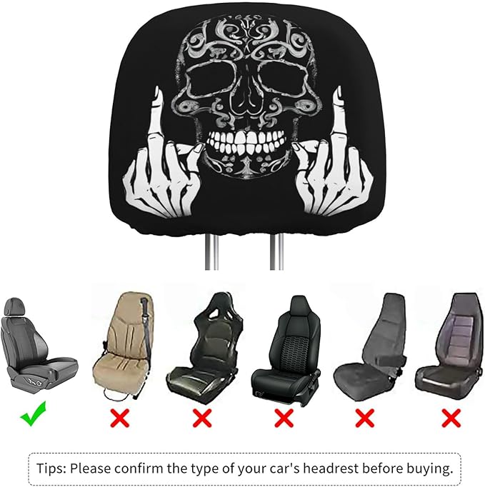 Dujiea 2 Pack Funny Skull Car Headrest Covers, Universal Soft Car Seat Head Rest Cover Protector, Vehicle Accessories Fabric Headrest Cover for Cars Vans Trucks