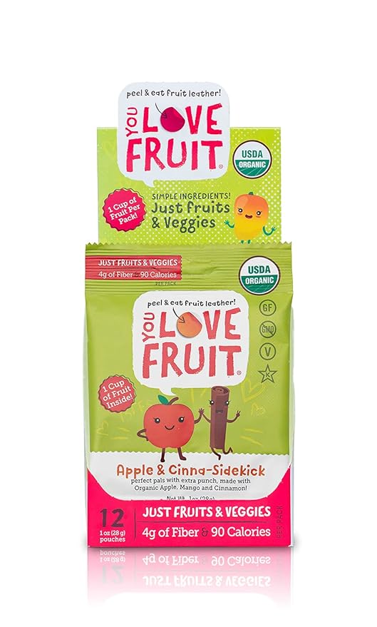 YOU LOVE FRUIT - APPLE & CINNA-SIDEKICK All Natural Fruit Snacks, Healthy Snack Pack, Real Fruit! Gluten Free, Non GMO, Vegan, Low Carb, Low Fat, Kosher, Variety Pack, Great For Adding To Gift Box, 1.0 oz (Pack of 12)