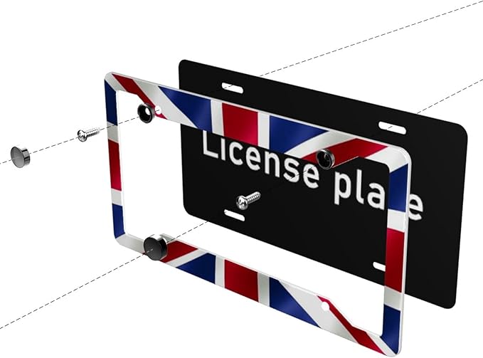 British United Kingdom Flag License Plate Frame - 1 Pack Personalized Union Jack License Plate Holder Aluminum Metal Car Tag Cover with 4 Holes Decoration for US Vehicle Standard for Women Men