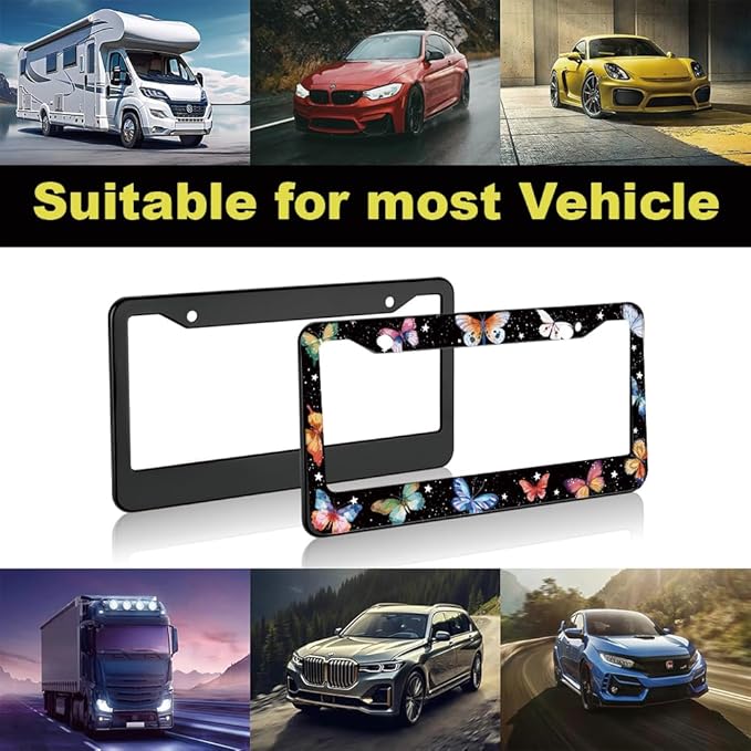 2pcs Colorful Butterfly License Plate Frame for Women,Inspirational Butterfly car Decorative tag Frames Girly,Colorful Butterflies License Plate Cover Holder for Vehicle with car Keychain tag