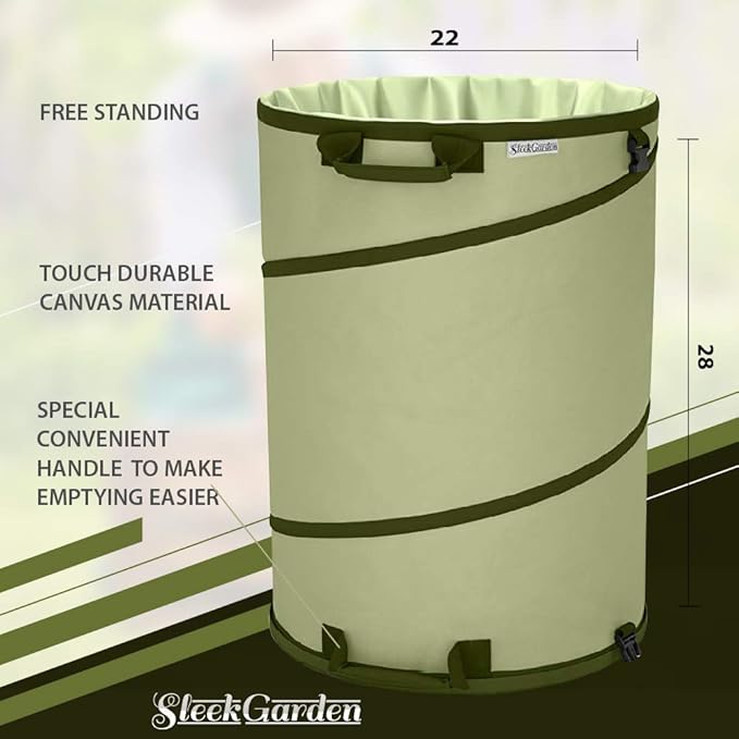 Collapsible -45 Gallon Canvas Garden Waste Bag -Pop-up Bucket Reusable Yard Leaf Bag Holder- Heavy Duty Hardshell Bottom ??with Drain Holes for Lawn Pool Garden Camping Trash Debris Bag with Handles