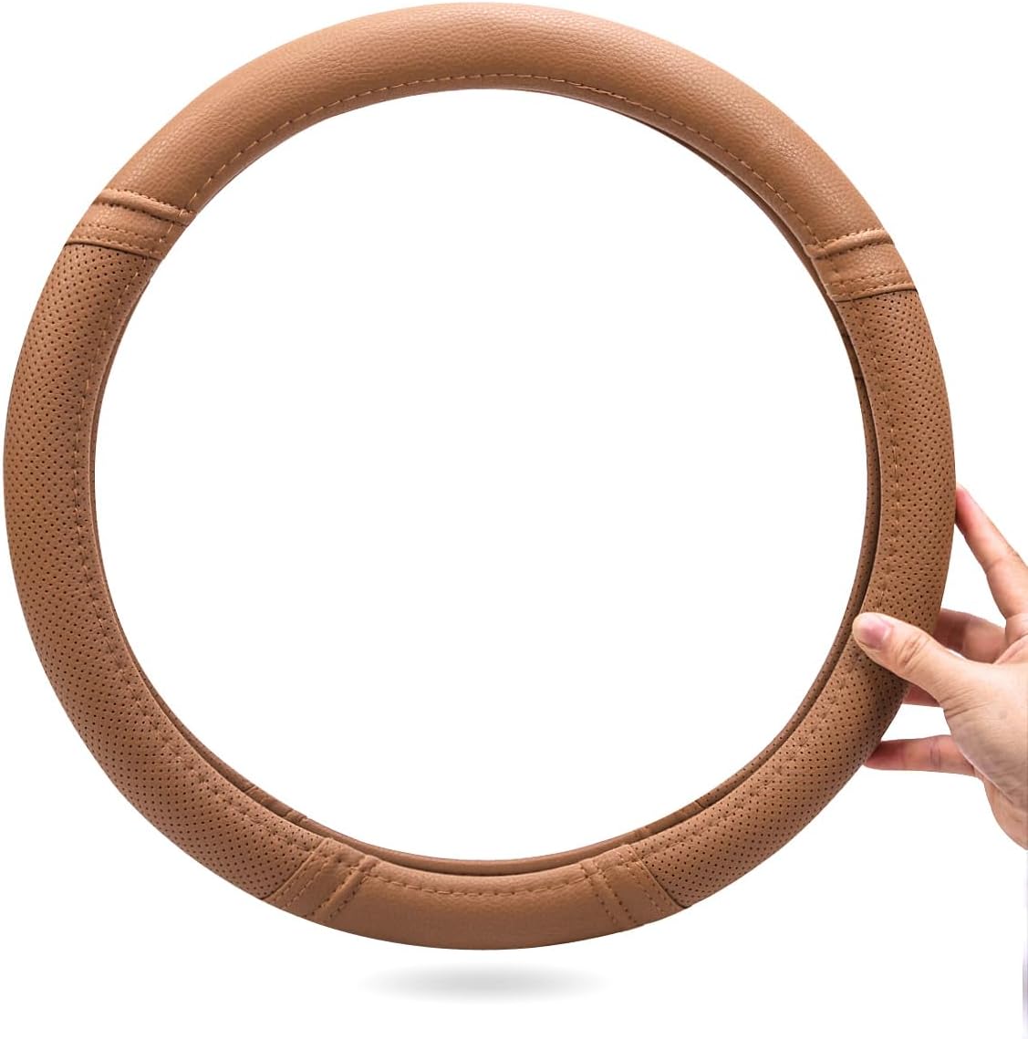 Car Pass Classical Leather Automotive Universal Steering Wheel Covers,Universal Fit for Suvs,Trucks,Sedans,Cars,Vans,14.5-15inch Anti-Slip Safety Comfortable Desgin(Brown)