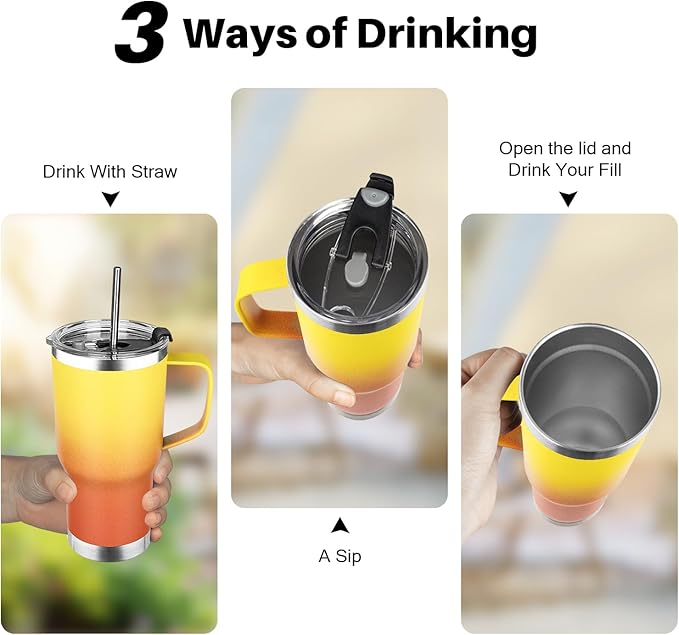 20 oz Tumbler with Handle, Stainless Steel Insulated Tumbler with Lid and Straw, Double Wall Vacuum Insulated Coffee Mug Tumbler, Insulated Coffee Thermal Cup for Cold and Hot (Yellow Orange)
